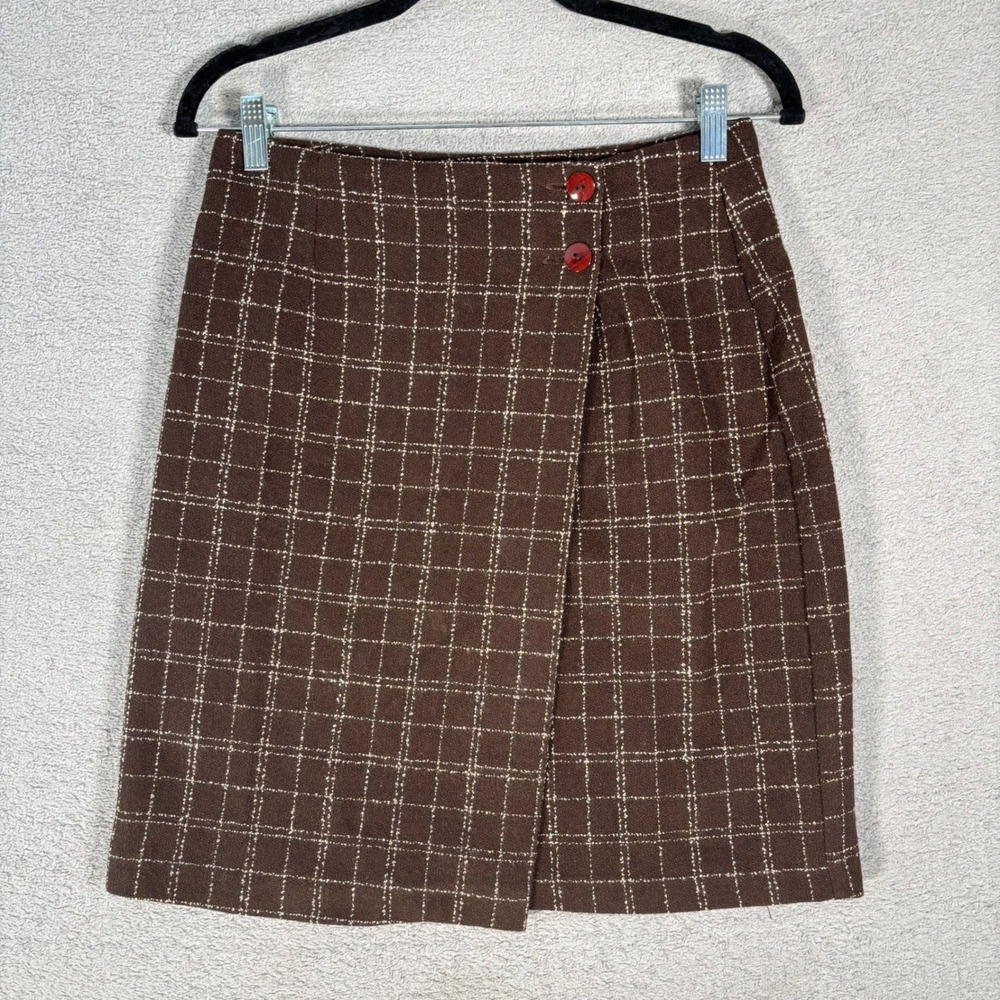 Vintage Casual Corner Plaid Mini Skirt Fits Small Brown Wool Blend Dark Academia
